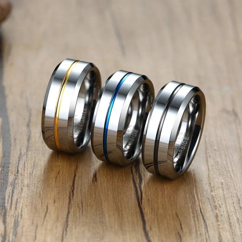 Somen Fashion 8MM Blue Line Polished Tungsten Carbide Ring Simple Style Wedding Bands Party Ring for Men Jewelry bague anillos 250213