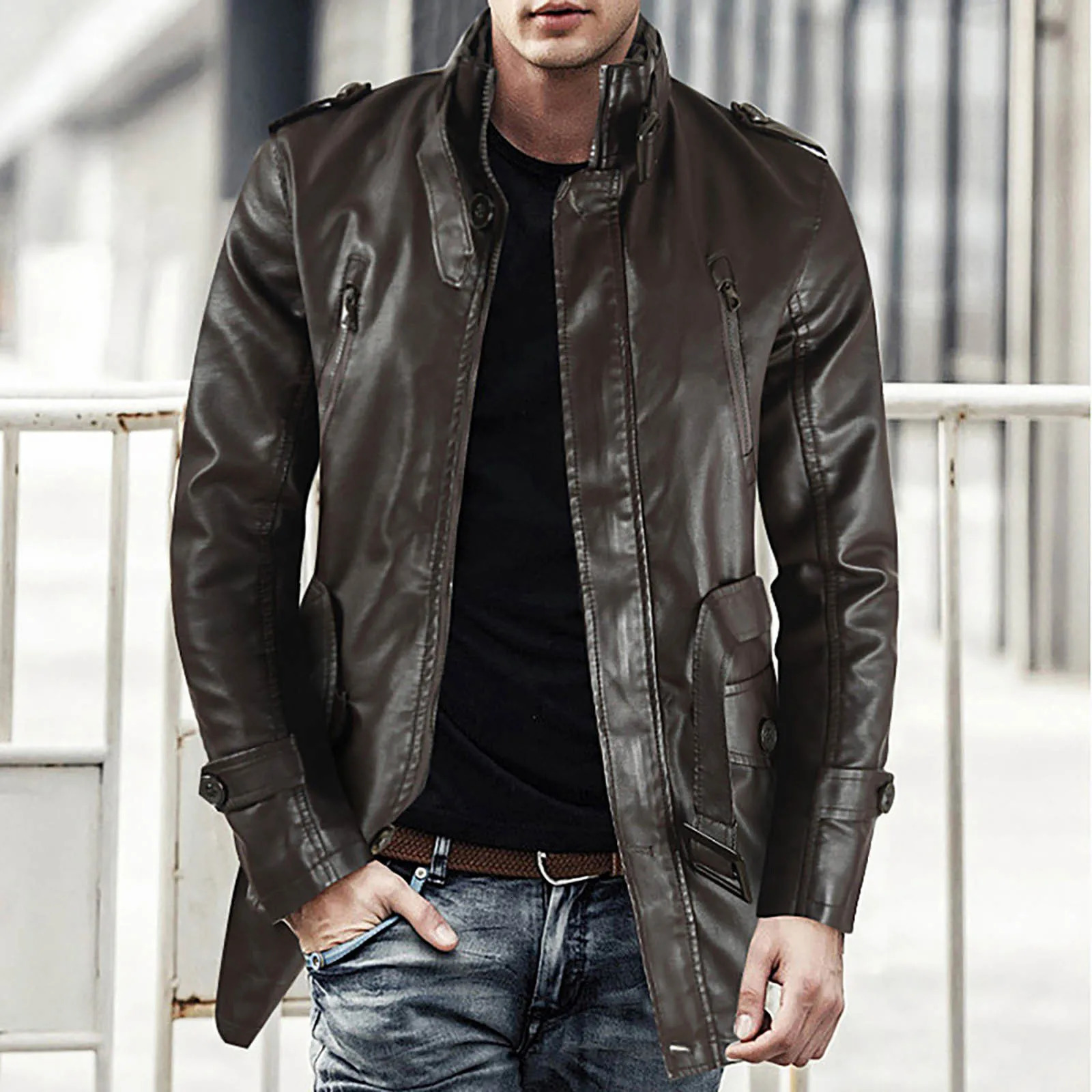Mens Winter Casual Leather Jacket Zipper Long Sleeve Stand Trench Coat Men Tactical Windproof Waterproof jacket 250210