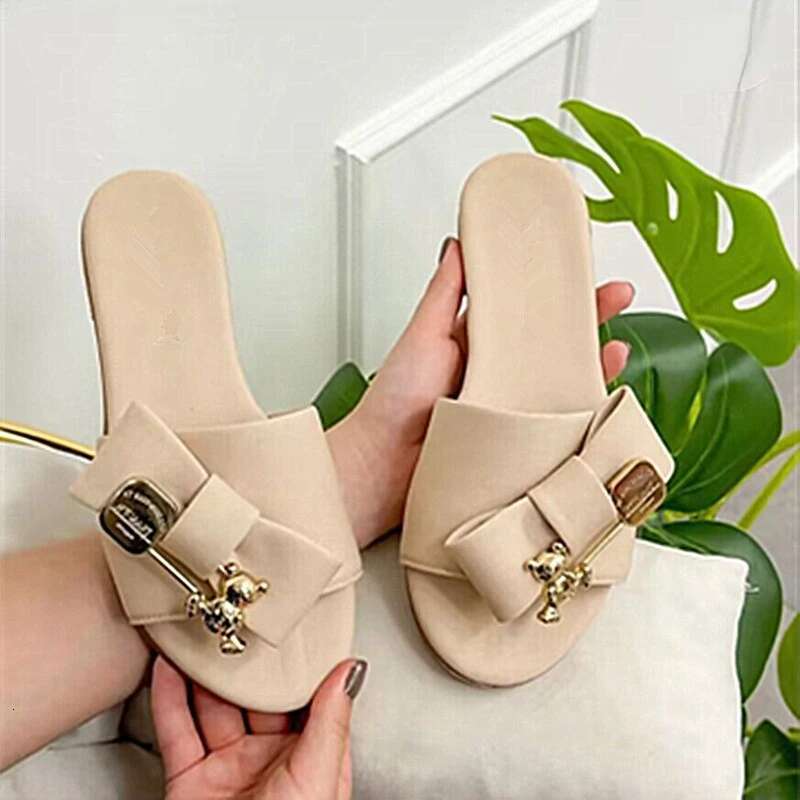 Women's Summer New Flat Round Head Open Toe Bow Buckle Needle Sandals Casual Lightweight Comfortable Non-slip Slippers ddmykukumalu