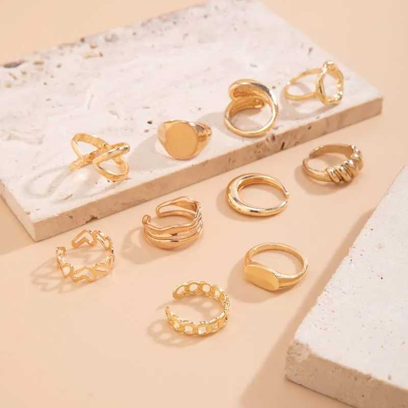 10Pcs/Set Trendy Gold Color Geetric Cuff Rings Set for Wen Fashion Metal Geetric Adjustable Finger Ring Jewelry 2024 New X250220