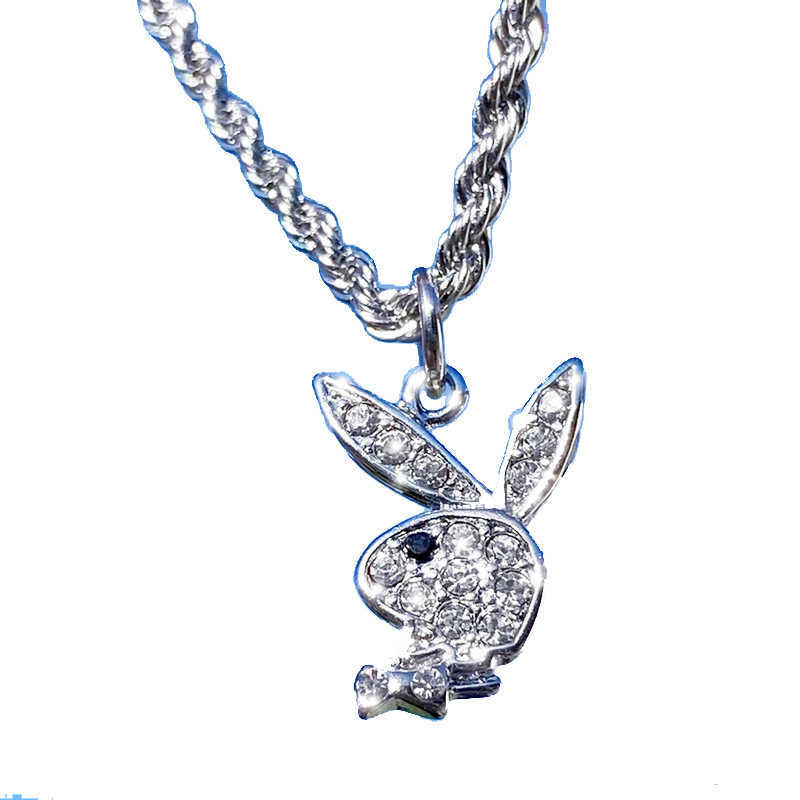 Pendant Necklaces Hip hop Street neutral hippop rock stainless steel twist chain full diamond rabbit head Rabbit Necklace H25219