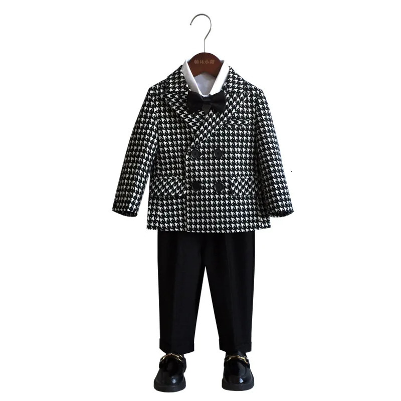 Childrens Houndstooth Formal Suit Set Boys Wedding Birthday Party Performance Costume Kids Double Breasted Blazer Pants Clothes 250219