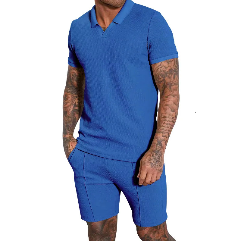 Mens Clothing Set Summer Oversize Heavyweight Waffle Lapel Polo Short Sleeved Shorts Set 250220