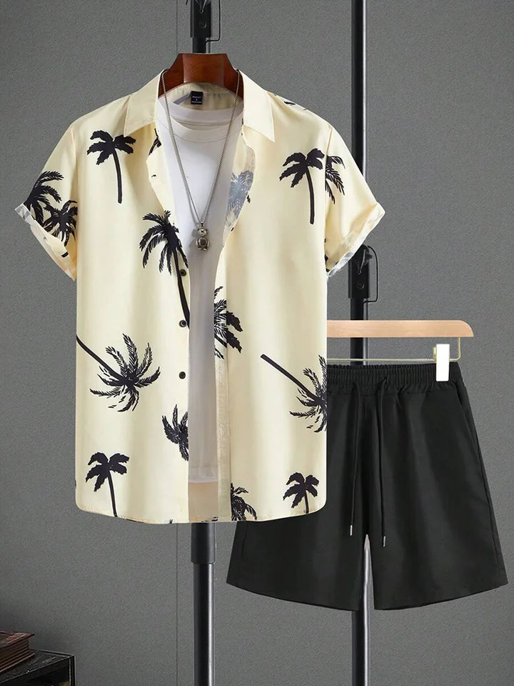 Hawaiian Coconut Tree Print Mens Shirt Summer Short Sleeve Tops Beach Shorts 2 Piece Sets Casual Vacation Style Outfit Clothing 250220