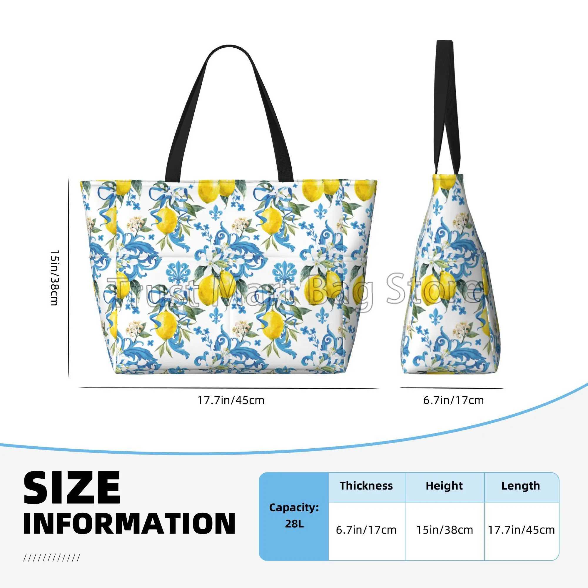 Summer Tropical Lemon Waterproof Beach Bags for Women Utility Zipper Tote Bag Lightweight Sandproof Swim Pool Bags Large Totes Z250219