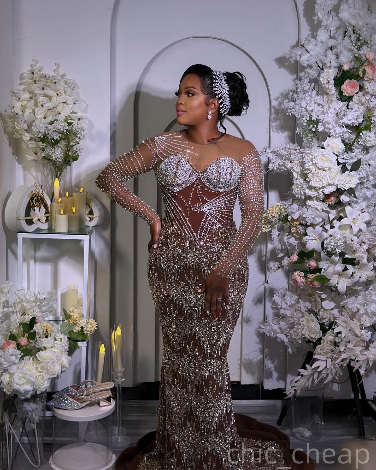 Brown Illusion Mermaid Prom Dresses 2025 Crystals Sheer Neck Sequined Evening Formal Party Second Birthday Engagement Gowns Plus Size Dress For Specia