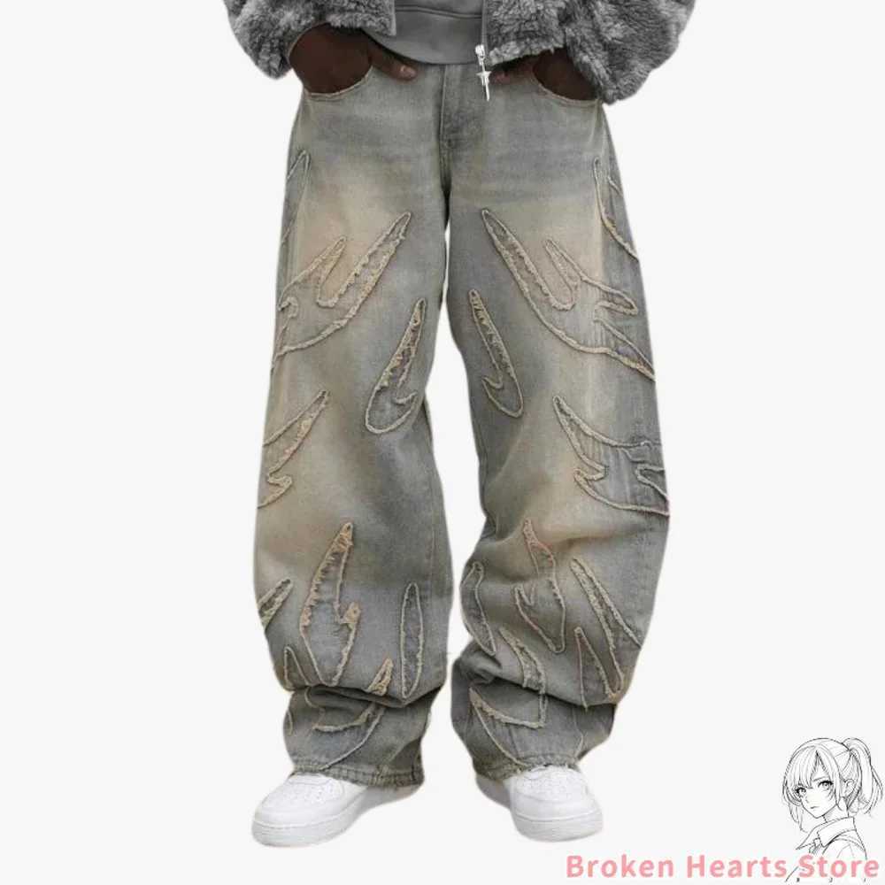 Heavy Primal Etch Ripped Washed Denim Jeans Mens Y2k Pants Streetwear Patchwork Baggy Sweatpants Straight Wide Leg Trousers X250220