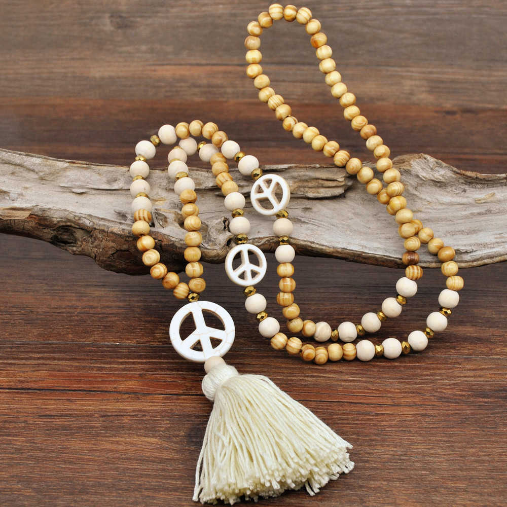 Pendant Necklaces Wooden Beaded Tassel Necklace womens Handmade Bohemian Peace Symbol Pendant sweater chain H25219