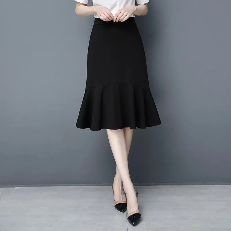 Summer High Waist Loose Hip Skirt Solid Color Allmatch Ruffle Fishtail Elegant Fashion Women Clothing 250220