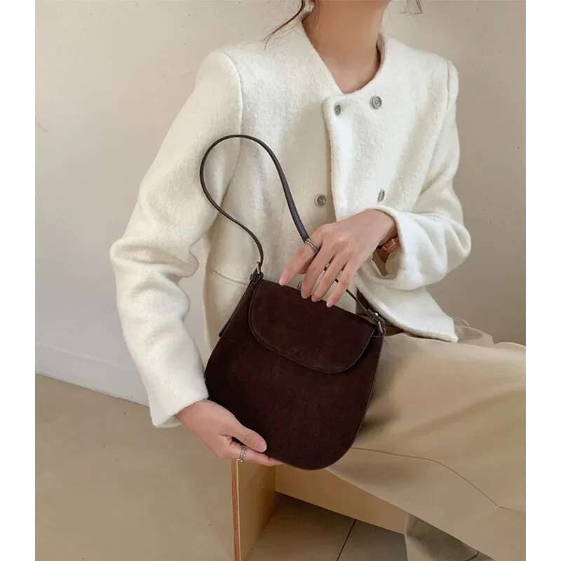 Ins Chic Designer Small Armpit Shoulder Matte Suede Cow Leather Women Crossbody Bag Thin Wine Red Daily-Use Purse