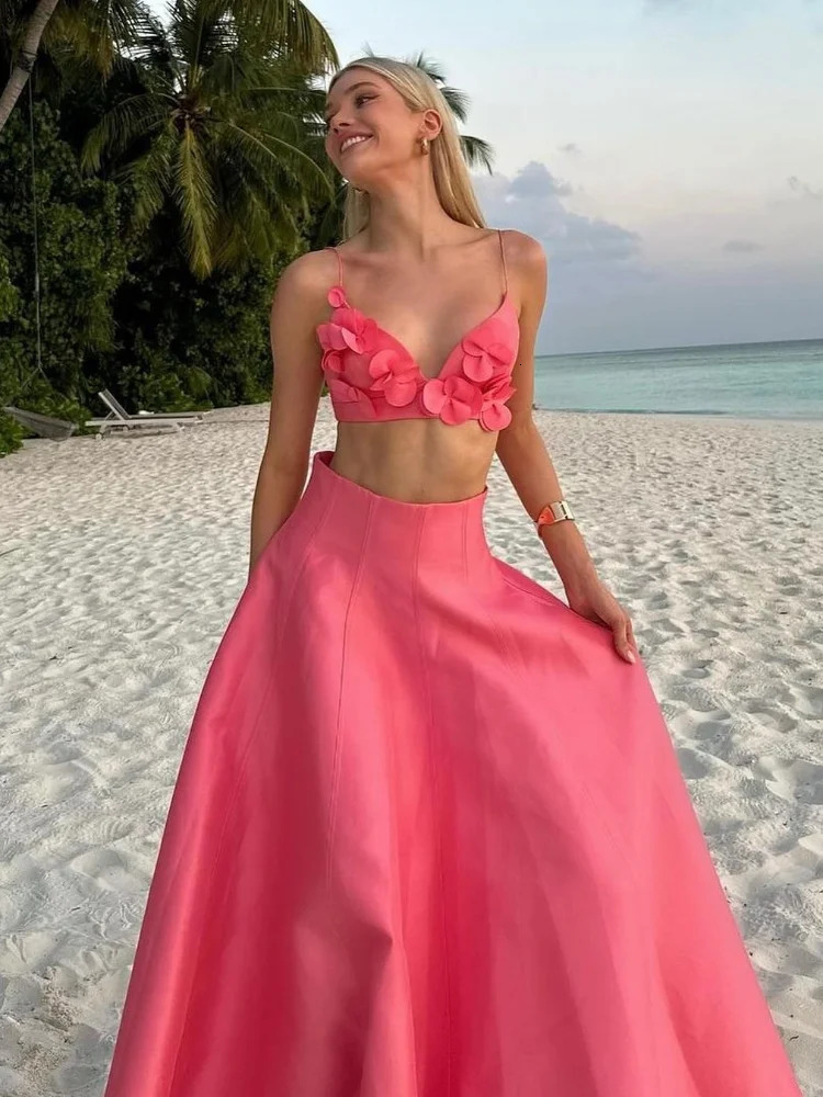 Summer Sexy Sleeveless Vest Maxi Skirt Two Pieces Set Women Elegant Flower Decor Crop Tops Skirts Suits Lady Vacation Party Gown 250220