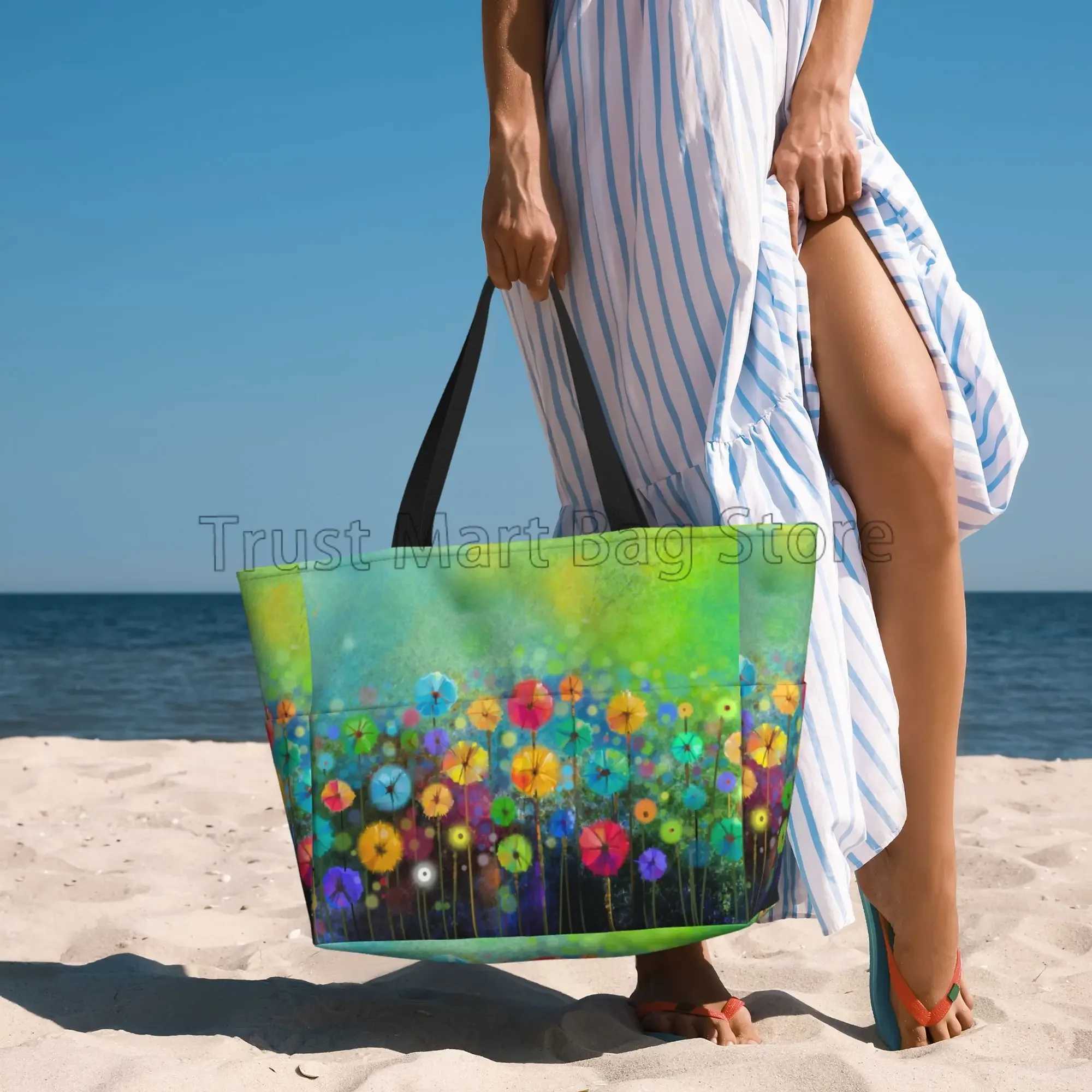 Abstract Flower Floral Watercolor Painting Large Waterproof Beach Bag for Women Sandproof Pool Tote Bag for Travel Vacation Swim Z250219