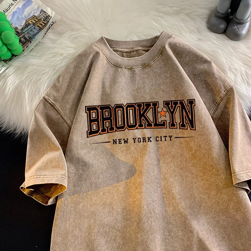 Brooklyn York City Tshirt Men Black and Orange Letter Shirt Cotton Retro Washed Short Sleeve Gym Sports Tshirts Tiki 250219