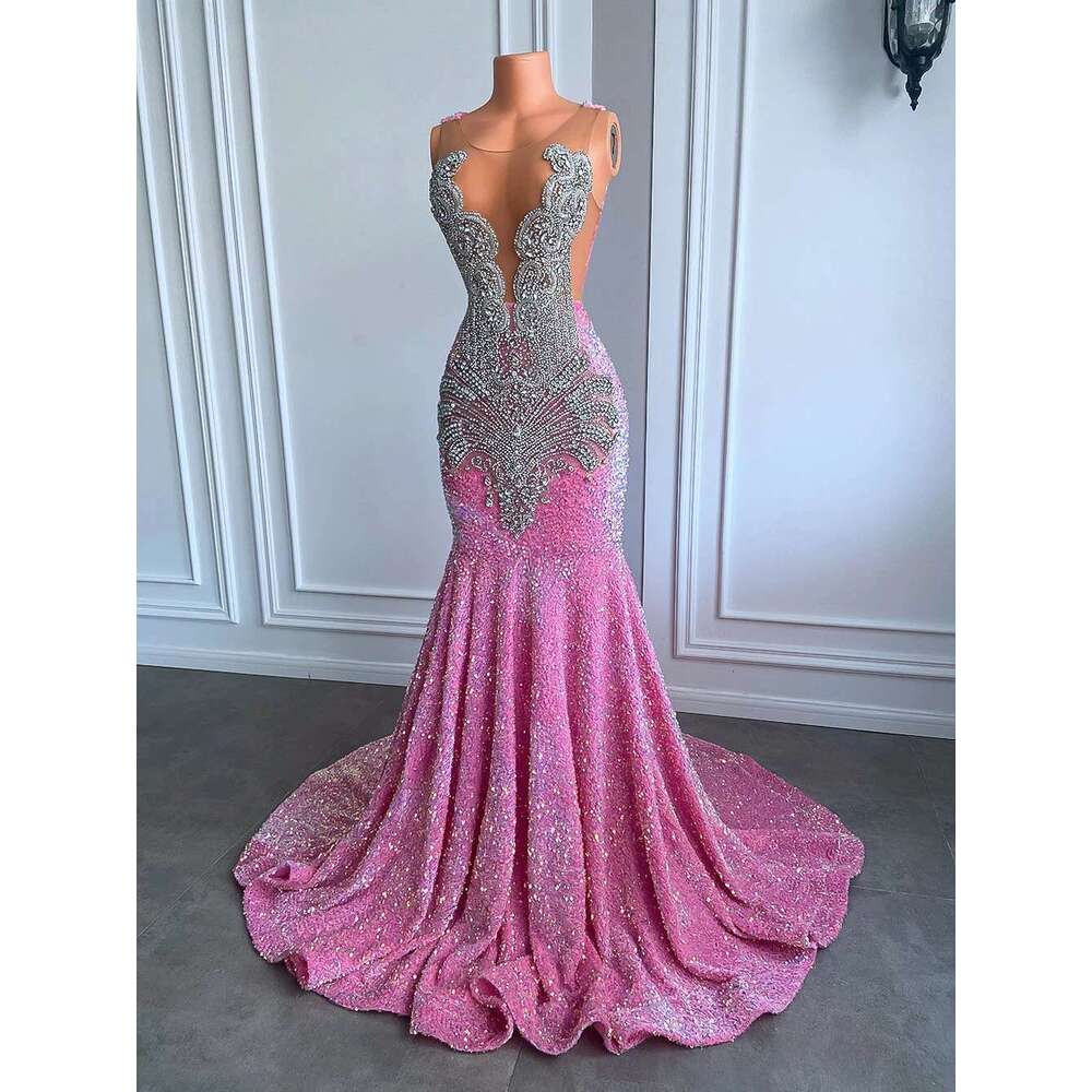 Real Image Long Gowns 2025 Sexy Mermaid Style Pure Mesh Silver Diamond Black Girls prom Pink Laces Graduation Ball Gown