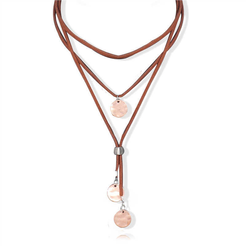 Pendant Necklaces New Bohemian style leather necklace with round pendant long body chain multi-layer brown leather necklace H25219