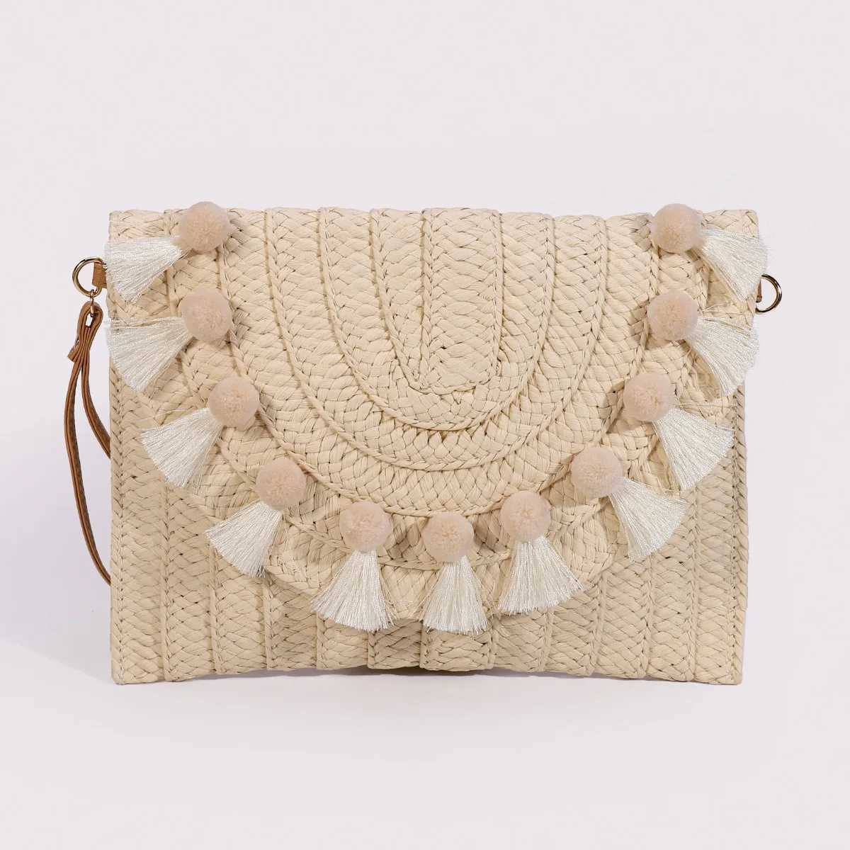 Summer Tassel Straw Shoulder Bag for Women Tassels Wrist Pack Handbags 2023 Women Woven Envelope Bag Beach Clutch Bag Z250219