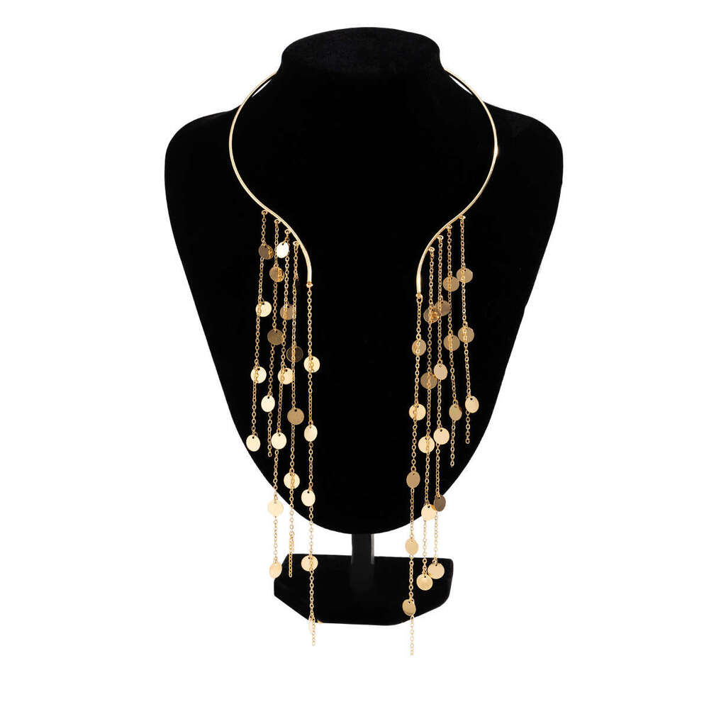 Exaggerated long tassel opening punk collar with imitation pearl choker neck chain necklace for women