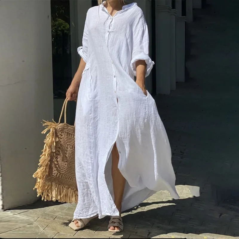 Spring Cotton Linen Oversize Women Dress Long White Button Loose Dresses Female Casual Trendy Elegant Ladies Clothes 250220