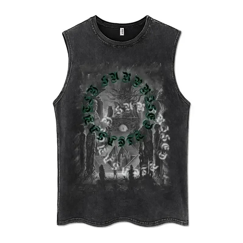 Summer mens washing vest retro T-shirt Gothic T-shirt street clothing punk T-shirt unisex sleeveless vest top Y2k short sleeved shirt 250219