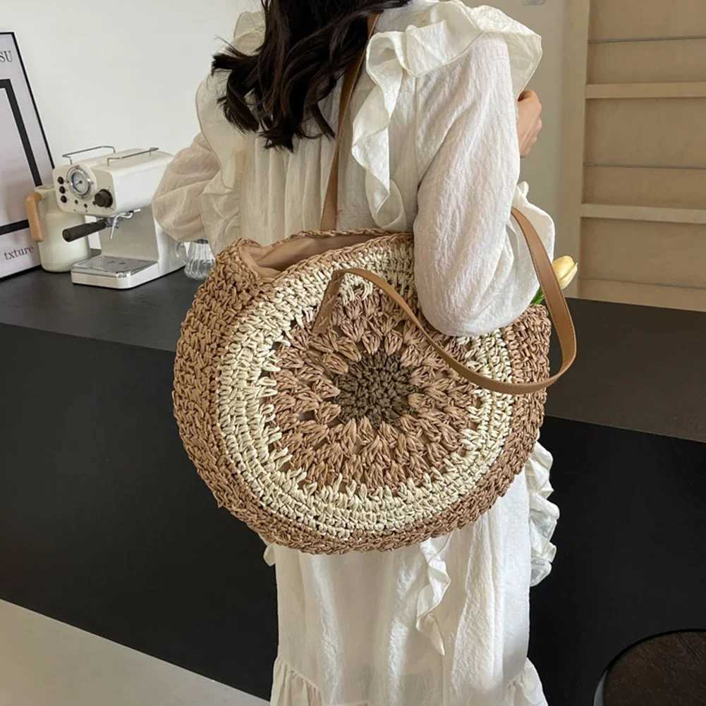 Round grass shoulder bag womens Rafia beach bag vacation crochet handbag large shopping bag womens summer beach bag Z250219