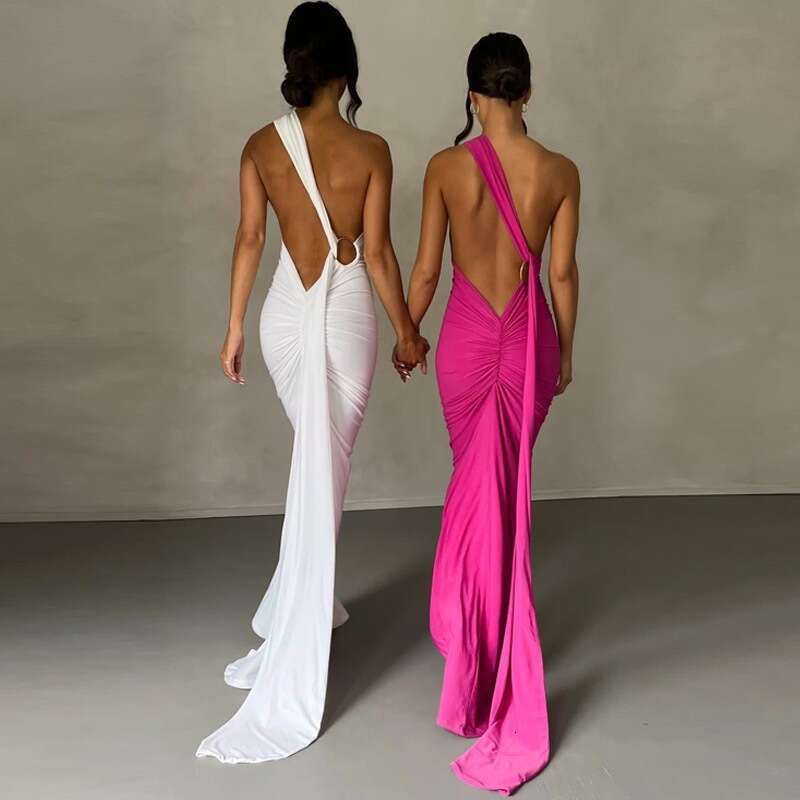 European and American style women's summer product slanted shoulder sexy slim fit backless pleated hollow suspender long dress 2025 new casual fa