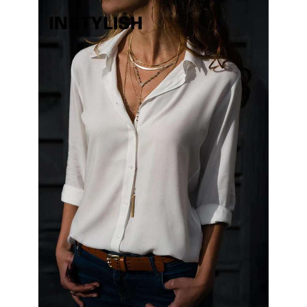 Women Solid And Shirt Elegant Long Sleeve V Neck Chiffon Blouse Office Lady Loose Tunics Oversized Tops