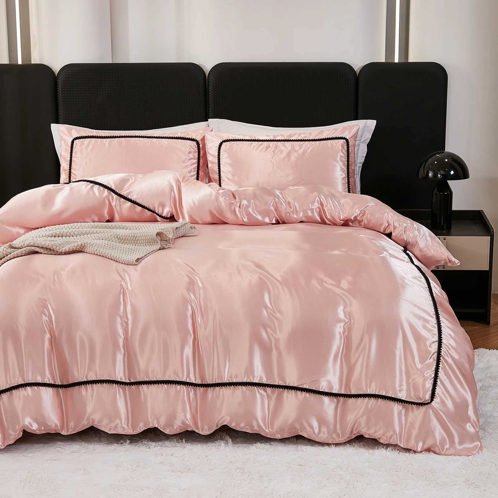 3-piece satin down duvet cover set silk white black and pink bedding set silk luxury bedding set Y250219