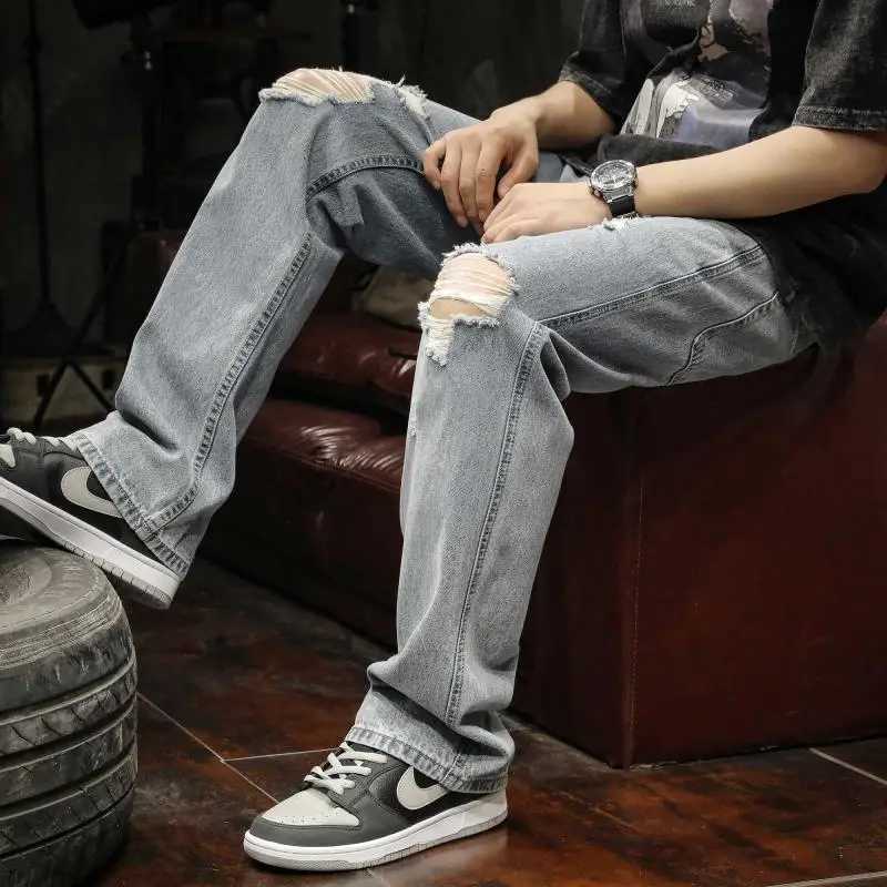 Broken Hole Jeans Mens Summer Thin Style American Washed Distressed Street Straight Leg Casual Long Pants X250220