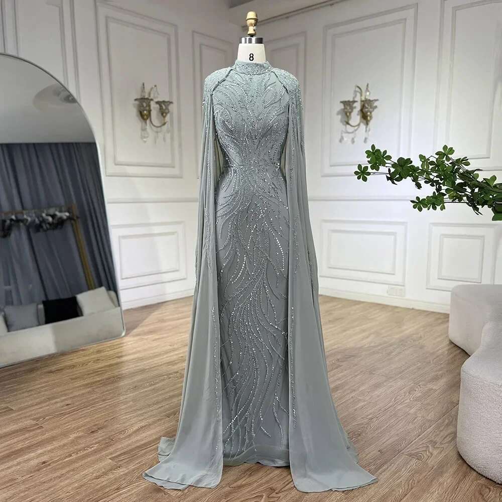 Sage Muslim Green Mermaid Long Cape Beaded Satin Evening Dresses Gowns For Women Party Customizbla A