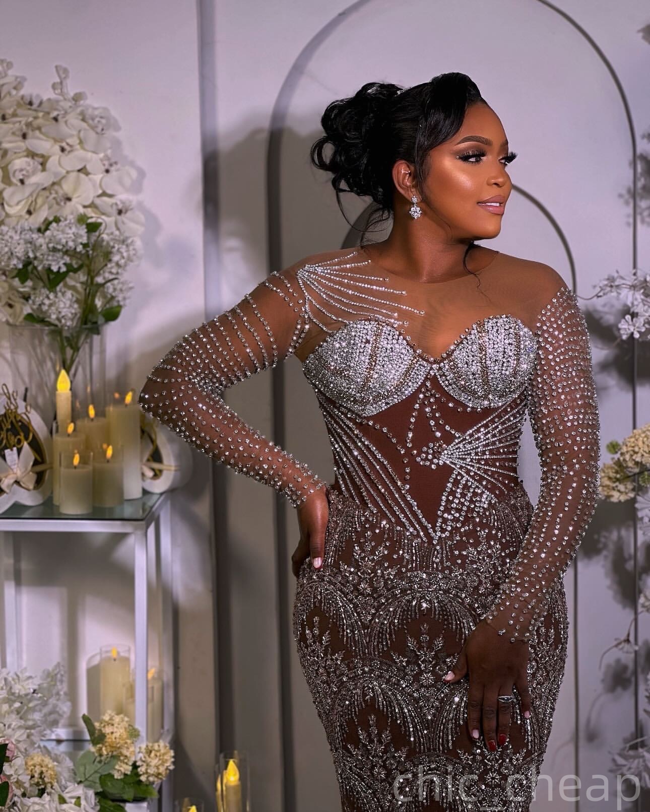 Brown Illusion Mermaid Prom Dresses 2025 Crystals Sheer Neck Sequined Evening Formal Party Second Birthday Engagement Gowns Plus Size Dress For Specia
