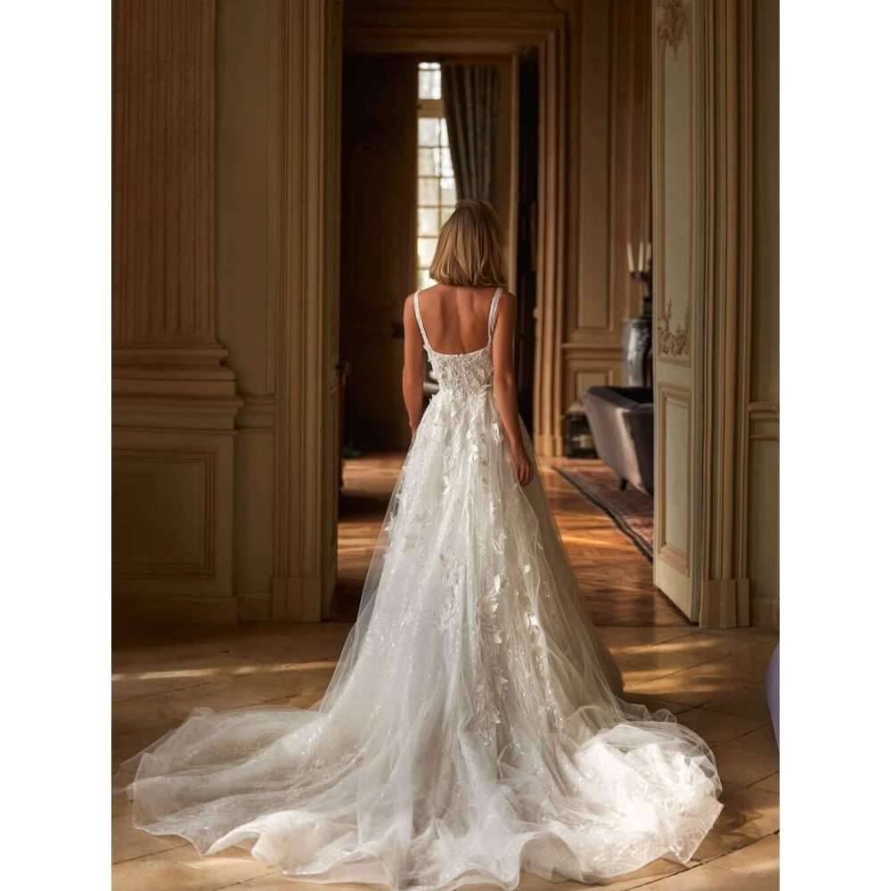 Sweet a ha pearls ral romantic zipper back modern side slit custom female bright square neck wedding dress