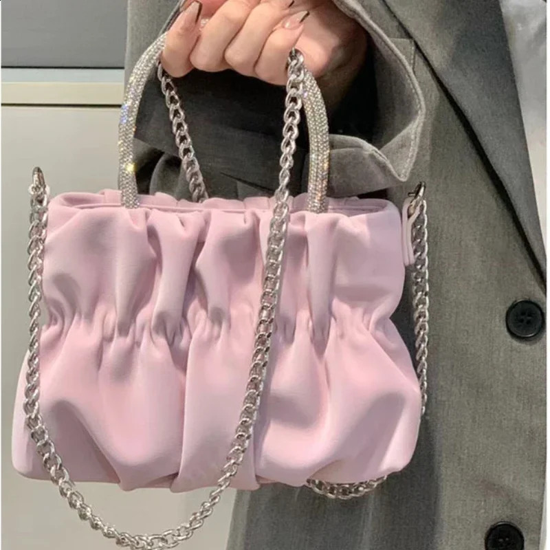 Rhinestone Portable Shoulder Bag Female Summer Ladies Party Pleated Cloud Chain Crossbody Solid Color Evening Bags 250218