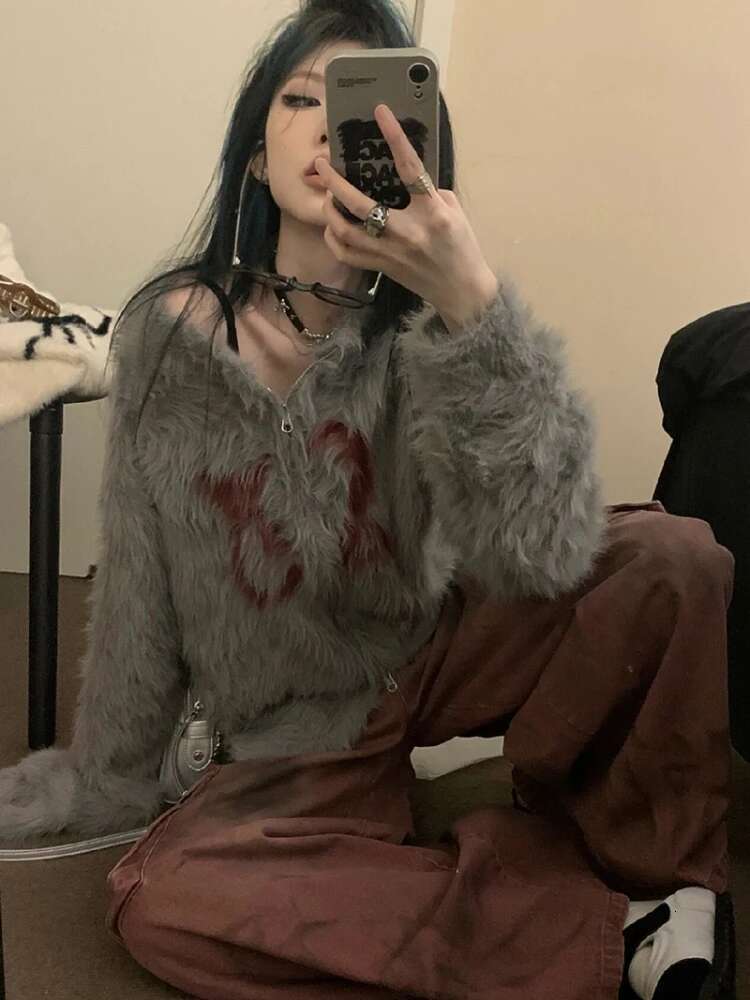 Y2k Aesthetic Jacquard Loose Cardigan Streetwear Women's Fur Double Zippers Sweaters Haruku Fairy Knitted Grunge Sweet Coats