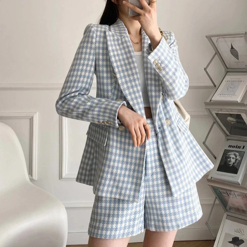 Quick view Wish list Shorts Set Houndstooth Double Breasted Tweed Blazer Long Sleeve Office Lady Chic Two Piece Sets Outifits 250220