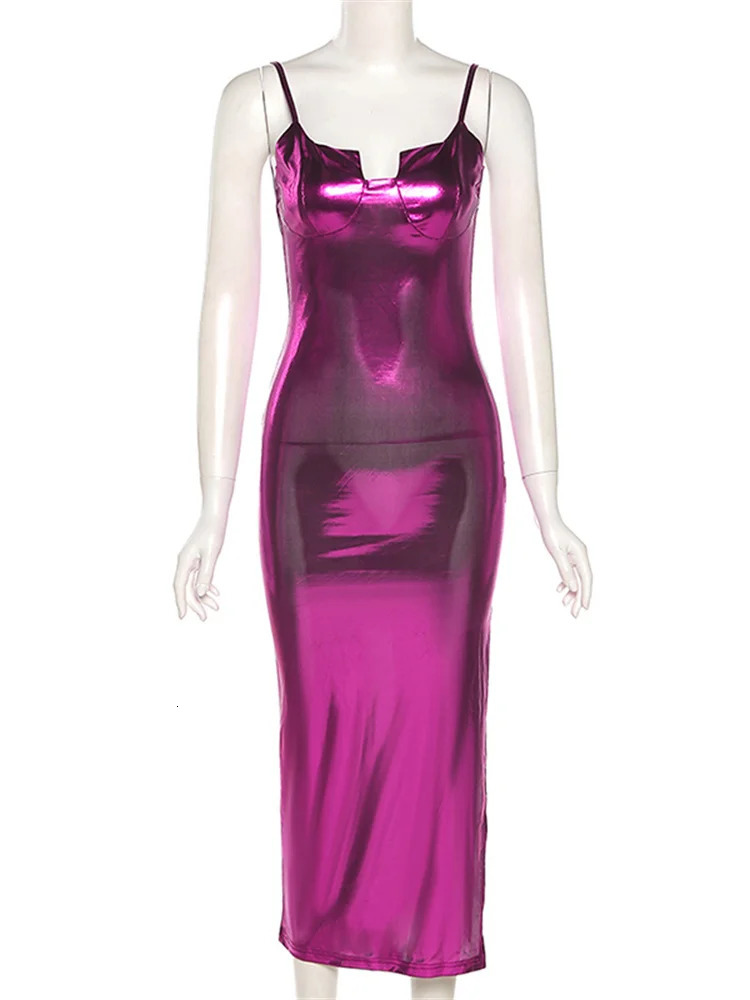 Weird Puss Neon Purple Nightclub Sundress Women Backless Sleeveless Dress Skinny Side Split Sexy Party Vacation Stretchy Outfits 250219