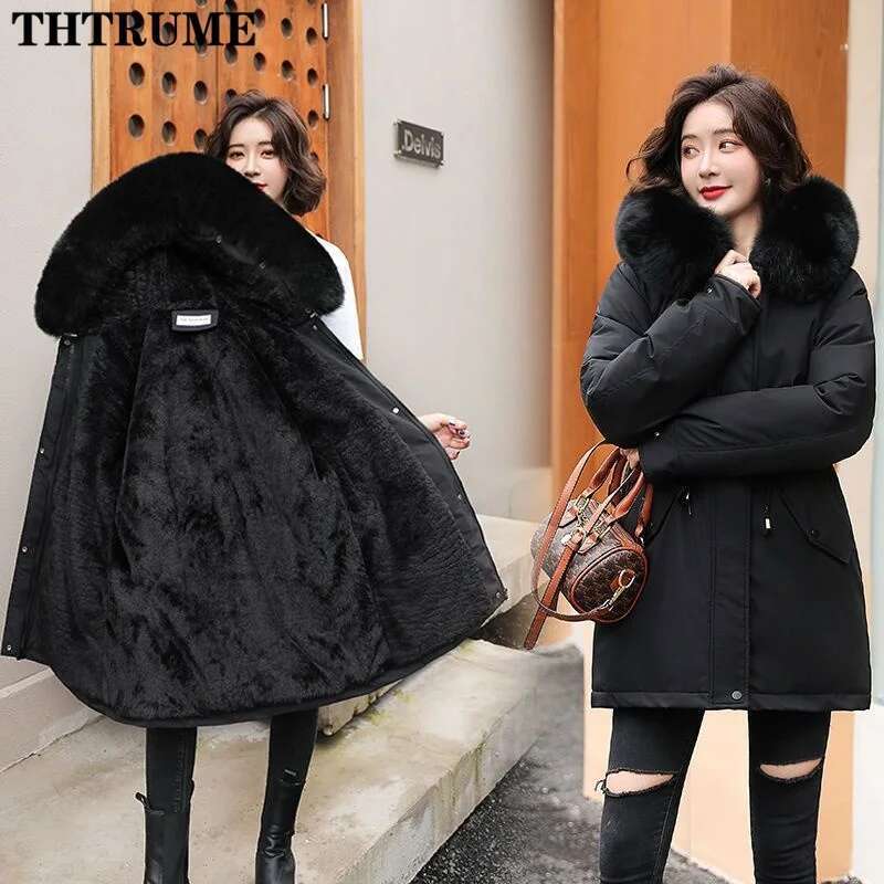 Autumn Winter Thick Er Hooded Parka Jackets Fashion Women Long Sleeve Fur Collar Wool Zipper Coats Tops Casual New Parkas