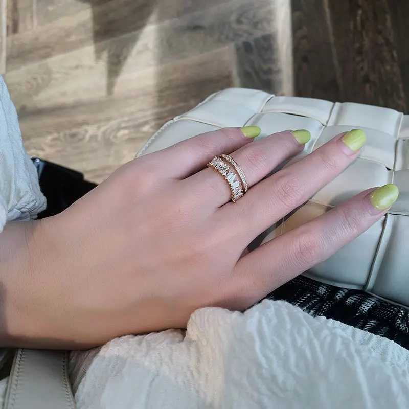 Luxury Zircon Gold Color Double Layer Adjustable Opening Rings For Wen Fashion Wedding Party Jewelry Birthday Gift s X250220