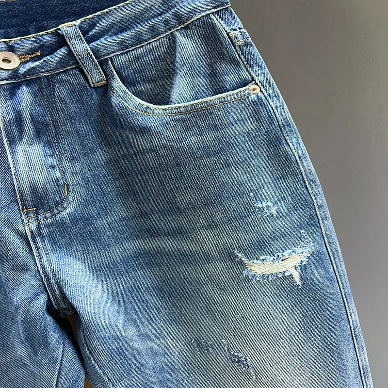 Mens Ripped Jeans Personality Fashion Tapered Hole Frayed Denim Trousers Streetwear Casual Vintage Blue Pants Male Clothes 250219