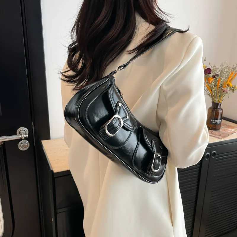 Fashion Pu Leather Womens Shoulder Bag Small Double Pocket Design Ladies Underarm Bags Y2k Vintage Female Handbags Clutch Purse Y250218