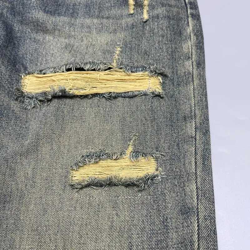 Washed Retro Distressed Patched Jeans Mens Loose Pants High Street Style X250220