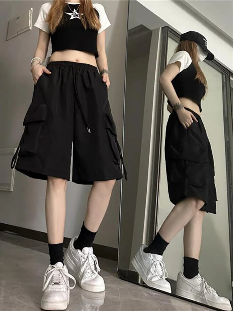Zoki Streetwear Hip Hop Cargo Shorts Women Vintage Harajuku High Waist Y2K Short Pants Casual Korean Pockets Bf Shorts Summer 250219