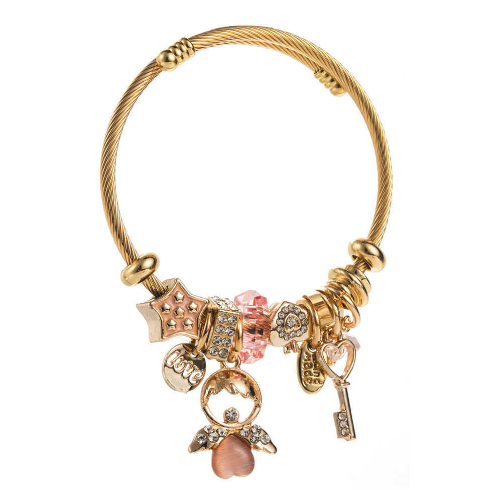 Charm Bracelets New Pan Jia Duo La Beaded Stainless Steel Bracelet for Womens Little Angel Key with Diamond Pendant Adjustable Best Friend Bracelet H2