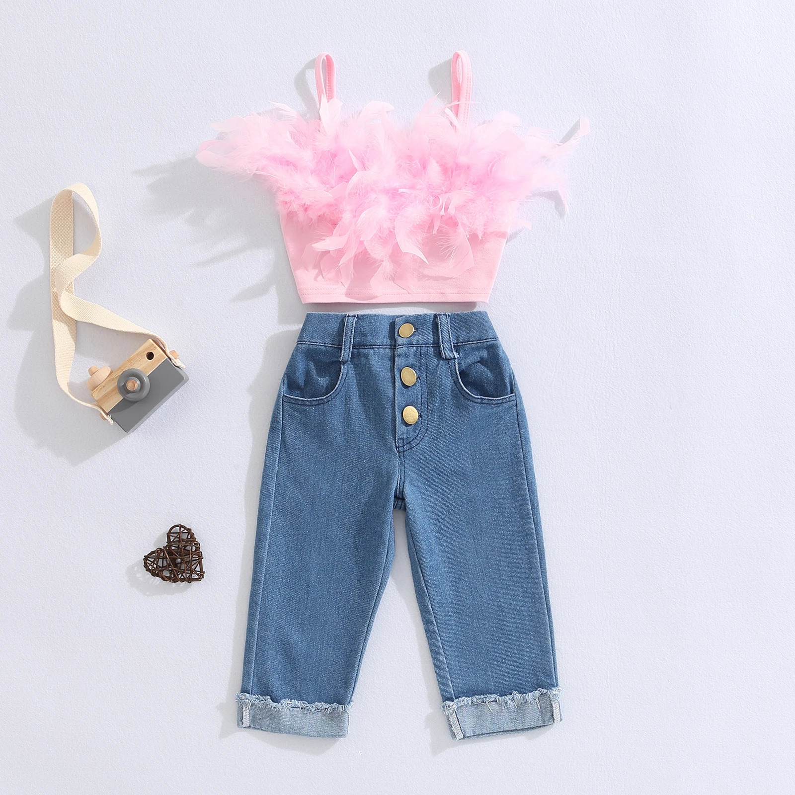 Girls Summer Clothing Outfit Sets Fashion Kid Children Pink Sleeveless Feather Camisole Denim Pants with Pockets 250220 - view 3