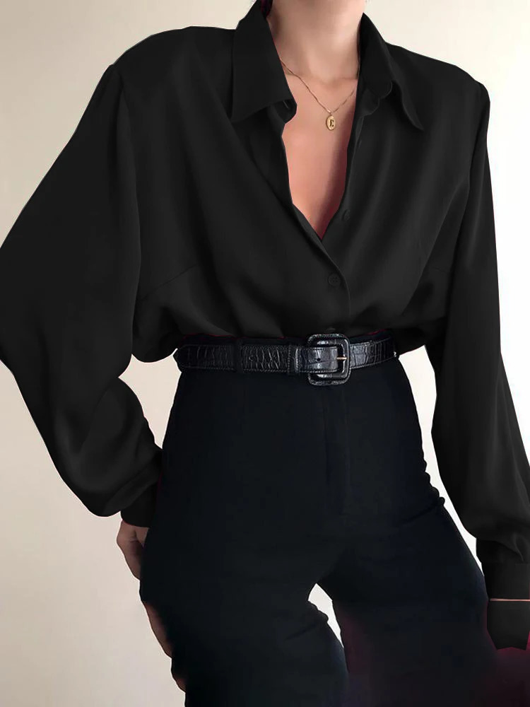 Women s Elegant VNeck Blouse Ruffle Sleeve Button Down Shirt Stylish Loose Fit Lapel Top for Casual Wear 250219