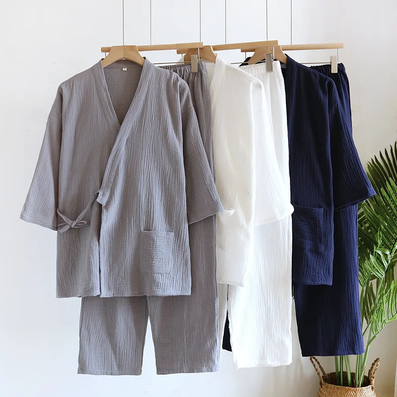 SpringAutumn Japanese Kimono Mens Pajamas Men Sleepwear Male Thin Gauze Cotton LaceUp Top Pants Loose Twopiece Homewear 250220