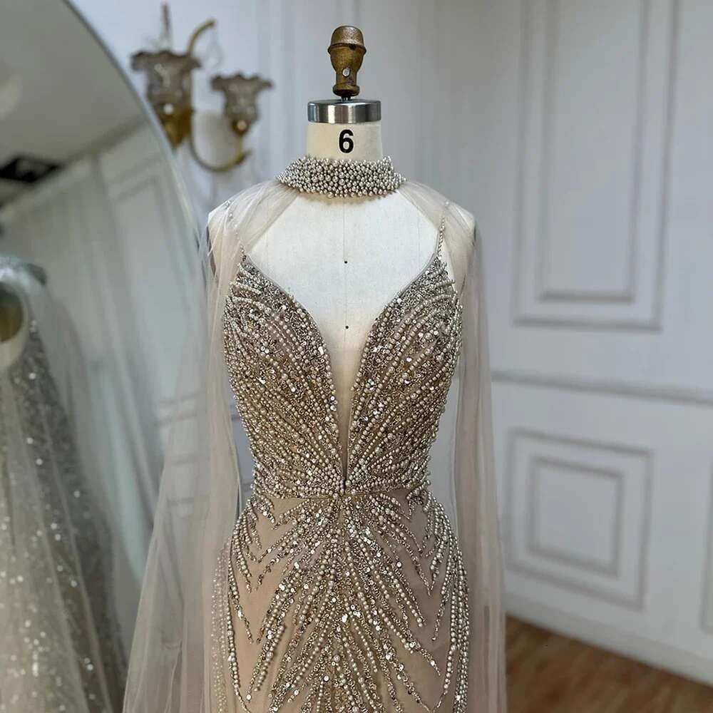 Strap Spaghetti Long Cloak Mermaid Caramel Beaded Evening Dresses Gowns Customize Party BLA
