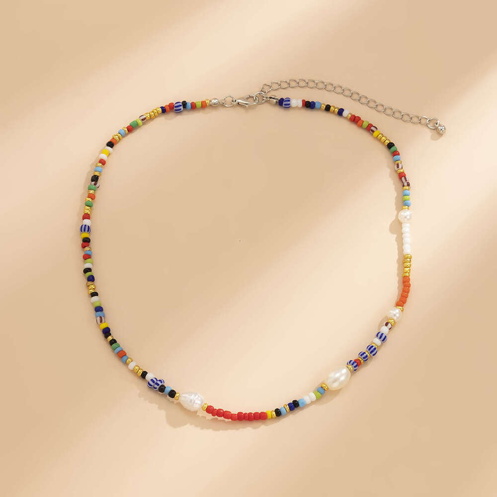 Weaving beaded colorful rice beads, bees, minimalist collarbone chain, versatile splicing pearl ethnic necklace for women