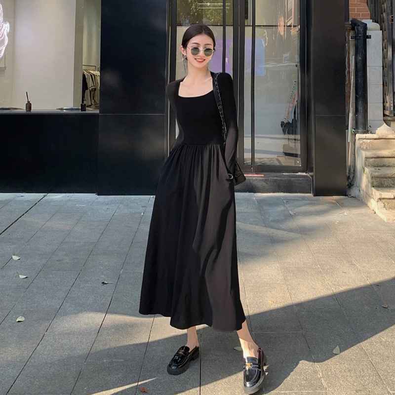 G211620 black French long-sleeved Hepburn style waisted long skirt spring women's cotton high-end spring and autumn design dress