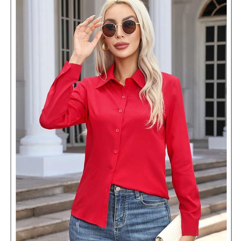 White Fashion Business Shirts Office Lady Long Sleeve Blouse Slim Women Clothing Button Up Shirt Basic Ladies Tops