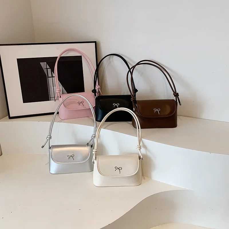 Harajuku Bow Silver Underarm Bag Purse Women Hot Girls Sweet Cute Leather Baguette Bags Female Vintage Y2k Messenger Bag Y250218